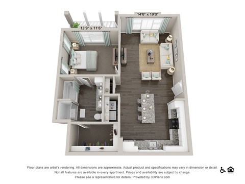 Floor plan for 1 bed, 1 bath, 903 sqft